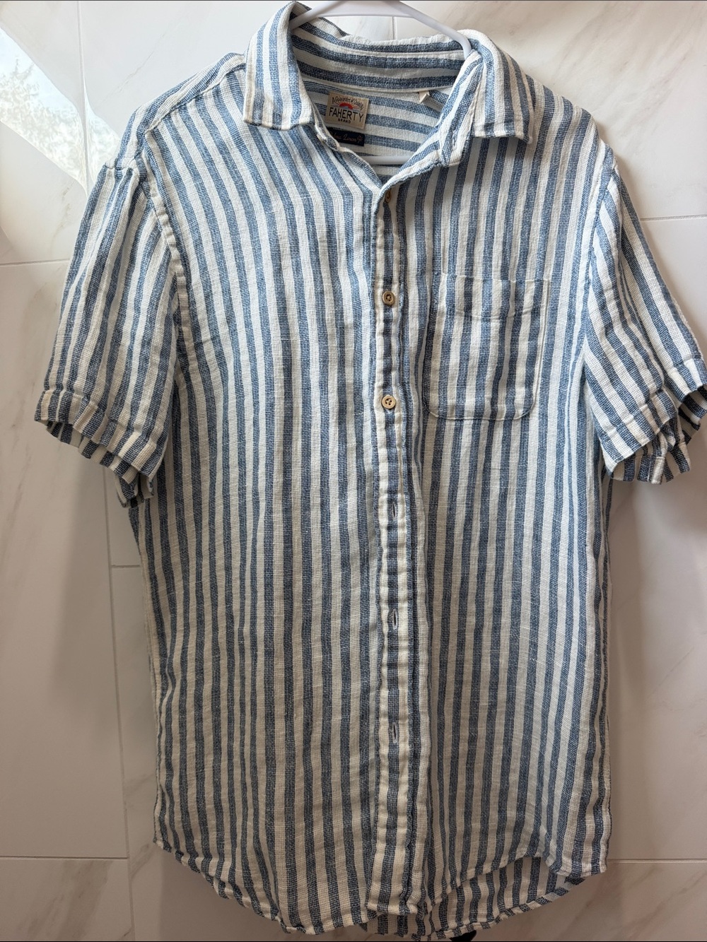 Faherty Blue and White Striped Short-Sleeve Button-Up - never worn